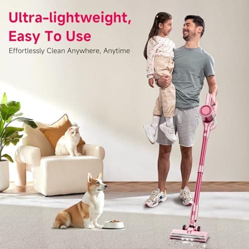 Cordless Vacuum Cleaner,55Mins/Powerful Vacuum Cleaners for Home,Stick Vacuums with 8 in 1,Touch Screen,LED Headlights, Anti-Tangle,Rechargeable,Lightweight for Carpet,Hard Floor, Pet Hair,Pink