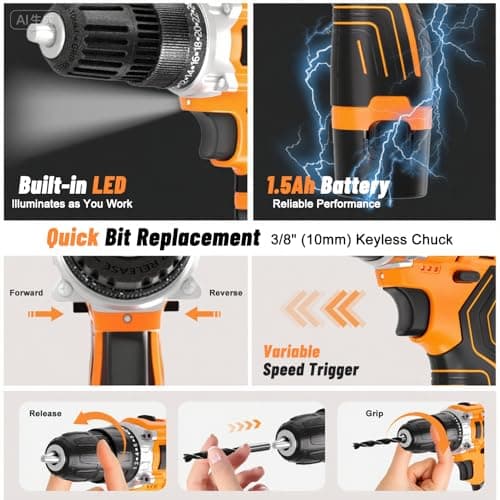 12V Cordless Electric Drill Driver Set, Powerful Lightweight Portable Rechargeable Screwdriver 65pcs Accessories,2-Speed, 24+1 Position for Wood/Wall Drilling & Screw Driving, Home DIY Tool woman man