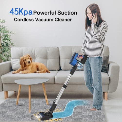 Cordless Vacuum Cleaner for Home, 45Kpa Lightweight Stick Vacuum with Powerful Suction, Rechargeable Battery Up to 50mins, Handheld Vacuum Cleaners for Carpets, Pet Hair，Hardwood Floors - Blue