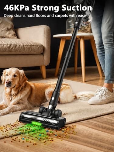 Cordless Vacuum Cleaner, 46KPa/500W Stick Vacuum with 55 Mins Runtime, Self-Standing Vacuum Cleaner for Home, LED Display, Anti-Tangle Brush, Rechargeable Vacuum for Pet Hair