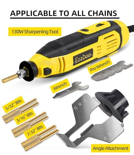 Electric Chainsaw Sharpener Kit with TITANIUM-COATED Diamond Bits - High-Speed Chain saw Sharpener Tool and 6 High Hardness Sharpening Wheels For All Chainsaw Chains.