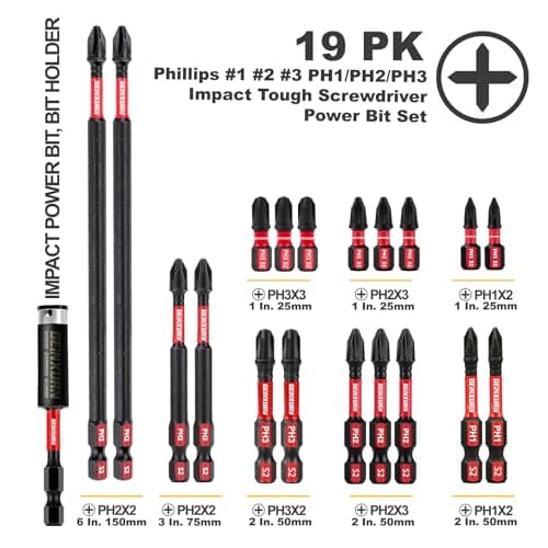 Impact Tough Phillips Bits PH1/PH2/PH3 Insert Driver Bits,19Pack Bulk Phillips Screwdriver Bits Set with 1Pcs Impact Bit Holder