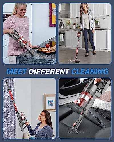 Cordless Rechargeable Vacuum Cleaners, Powerful Vacuum Up to 35 Mins Runtime with 85,000PRM Motor, 2 Adjustable Suction for Home (Gray Red)