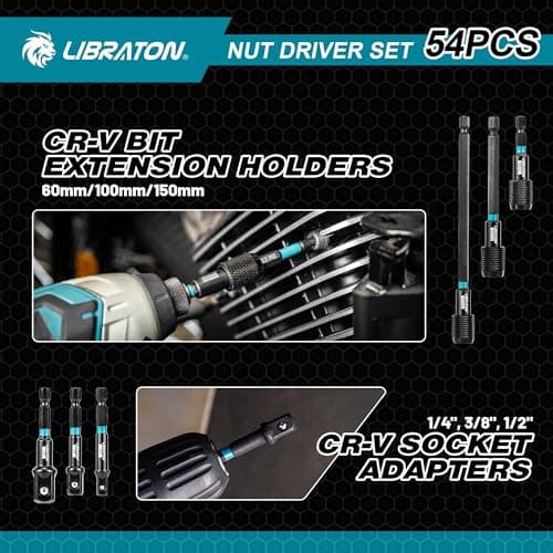 LIBRATON 54PCS Magnetic Nut Driver Set, Impact Drill Driver Bit 1/4", Metric & SAE Nut Drivers for Impact Drill, Socket Adapters, Screwdriver Bit, Quick-Release Extension, Wing Nut Driver, Storage Box