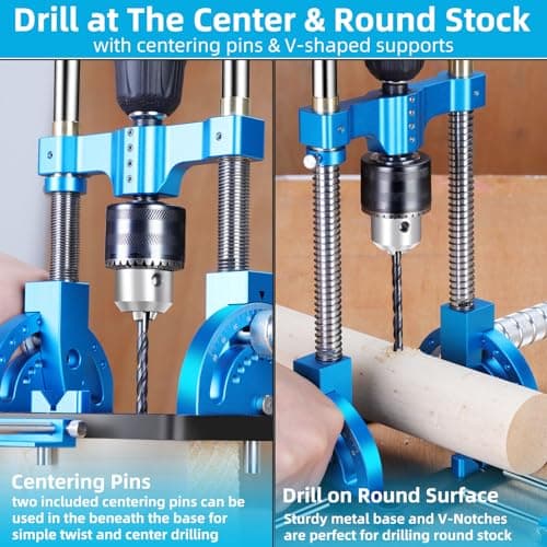 Portable Drill Guide, Multi Angle Drill Guide for Straight Holes, Self-Centering Pins, Drilling Jig w/Chuck & Key, Adjustable Angle from 0° to 60°, Chuck Clamping Range for 1/16-1/2" (1.5-13mm)