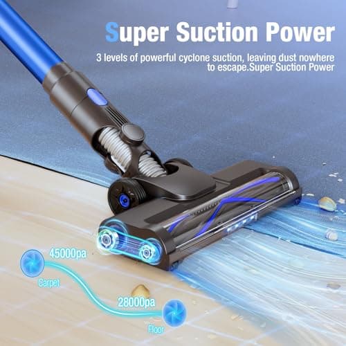 Cordless Vacuum Cleaner, 550W 45KPA 45Min Vacuum Cleaners for Home, Self-Standing Stick Vacuum with Touch Screen, 3 Power Modes, Rechargeable Battery, Handheld Vacuum for Pet Hair/Carpet/Floor