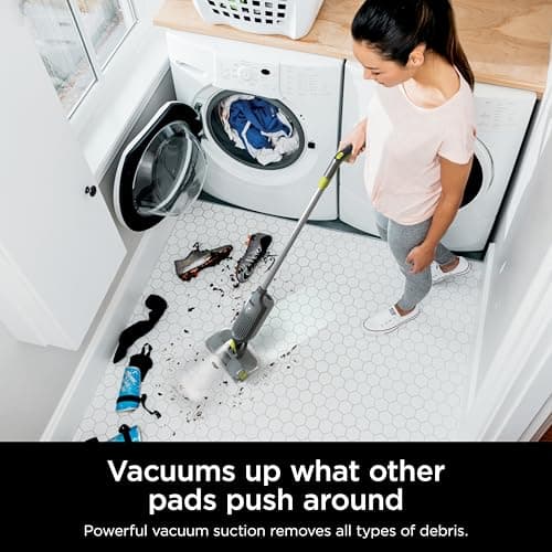 Shark VACMOP Pro Cordless Hard Floor Cleaner, Vacuum and Spray Mop, Powerful Suction, Lightweight, LED Headlights, Includes 4 Disposable Pads, 12oz Multi-surface Cleaning Solution, Gray, VM252