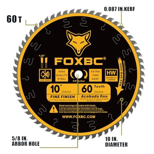 FOXBC 10 Inch Thin Kerf Fine Finish Crosscut Table Saw Blade, 60-Tooth ATB, with 5/8-Inch Arbor