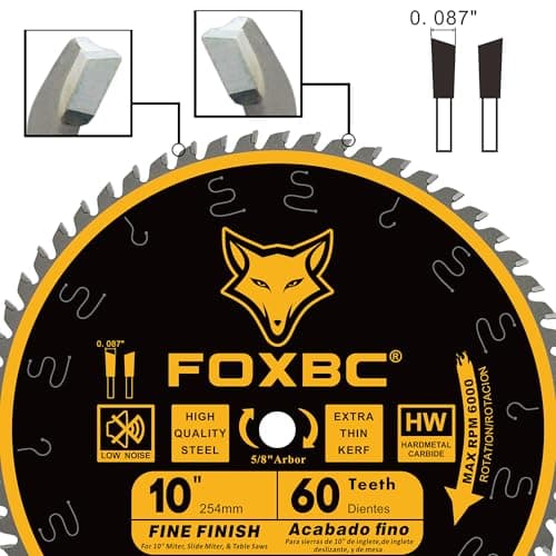 FOXBC 10 Inch Thin Kerf Fine Finish Crosscut Table Saw Blade, 60-Tooth ATB, with 5/8-Inch Arbor
