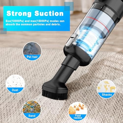 Handheld Vacuum Cordless - Car Vacuum Cleaner with Brushless Motor, 15000Pa Strong Suction with LED Light, Type C Cable and Charger, 2 Fliters, Portable Hand Vacuum for Home, Pet and Car