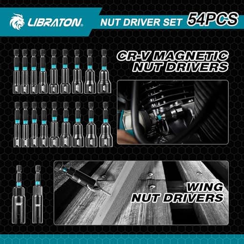 LIBRATON 54PCS Magnetic Nut Driver Set, Impact Drill Driver Bit 1/4", Metric & SAE Nut Drivers for Impact Drill, Socket Adapters, Screwdriver Bit, Quick-Release Extension, Wing Nut Driver, Storage Box