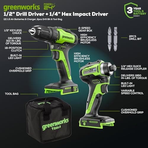 Greenworks 24V Brushless Cordless Drill and Impact Driver,Power Tool Combo Kit Included 1/2”Drill & 1/4”Hex Impact Driver and (2) Batteries, Fast Charger, 2 pcs Drill Bit Set & Bag