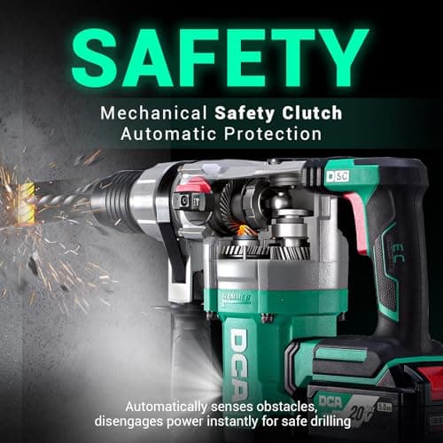 DCA 20V MAX Brushless Rotary Hammer Drill, 4.5 Joule, 3800BPM, 1-1/8 Inch SDS-Plus, Cordless Heavy Duty Rotary Hammer Drill with Vibration Control, 5.0Ah Battery, 4A Fast Charger and Safety Clutch