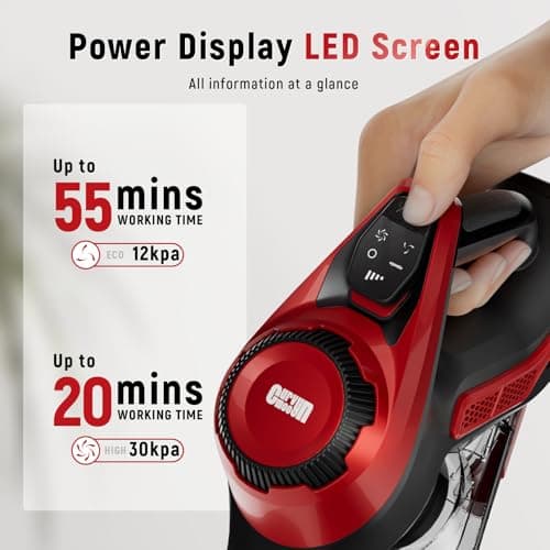 Cordless Vacuum Cleaner, 30Kpa Home Stick Vacuum, Smart Display & 1.5L Dust Cup, 55mins Max Runtime, Rechargeable Lightweight Handheld Vavuum for Pet Hair/Carpet/Hardwood Floor/Car (Metallic Red)