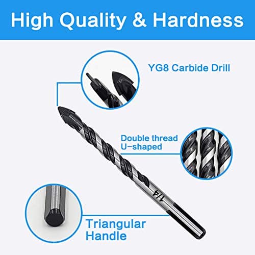 10-Piece Masonry Drill Bit Set for Concrete Tile Glass Ceramic Brick,1/8 to 1/2 Inch Drilling Bits with Triangle Handle,Tungsten Steel Alloy Tip.（Black）