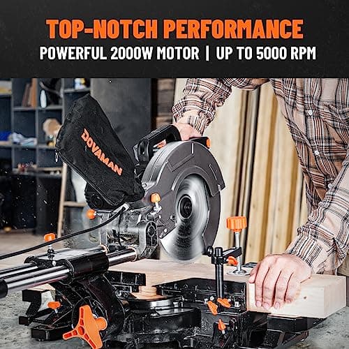 Updated 10-Inch Sliding Miter Saw, Multi-Material Cutting w/ 3 x TCT Blades, Ambidextrous Operation, 5000/3200RPM Speed, Laser Guide, 0-45° Bevel Cut, Max Cut 3.5x13.4in, 9 Positive Stops