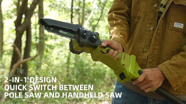 2-IN-1 Cordless Pole Saw & Mini Chainsaw, 21V 4.0Ah Battery Powered 6 Inch Electric Pole Chainsaw, 15Ft MAX Reach Pole Saw for Tree Trimming(2 * 4Ah Batteries and Fast Charger Included)