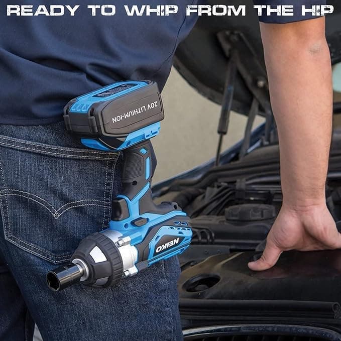 Neiko 10878A 1/2-Inch-Drive High-Torque Cordless Electric Impact-Wrench Kit with 20-Volt Lithium-Ion Charging Battery and 4 1/2-Inch-Drive Sockets