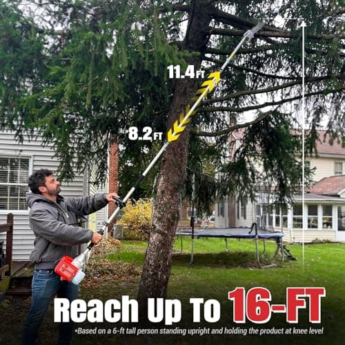Pole Saw Gas Powered, 16-Foot Reach 42.7CC 2-Cycle 10-Inch Bar Cordless Extendable Long Trimmer Power Gasoline Chainsaw For Tree Hedge Trimming Bush Pruning, Spinning Saw Head