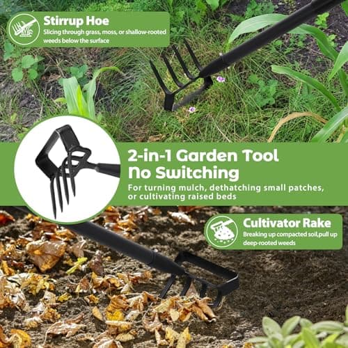 Garden Hoe,2 in 1 Heavy Duty Stirrup Hoe and Cultivator Gardening Tool Set with 62 inch Long Handle,Lightweight Hula Hoes Weeding Rake for Fast Weeds Grass Removal,Cultivating, Loosen Soil, Sharp Edge