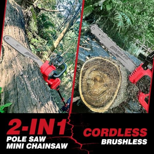 2-IN-1 Cordless 10-Inch Pole Saw And Chainsaw Compatible with Milwaukee M18 18V Battery, Total Reach of Max 15ft, Auto Oiling, Electric Pole Saw for Tree Trimming Pruning (Battery NOT Included)