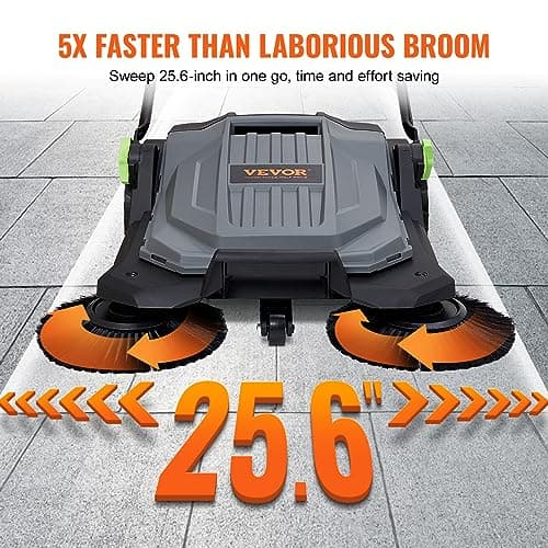 VEVOR Walk-Behind Hand Push Floor Sweeper, 25.6" Sweeping Width Floor Sweeper Manual Non-Electric, 5-Gallon Waste Container, Angle & Height Adjustable Folding Handle for Walkway, Yard, Garage, Patio