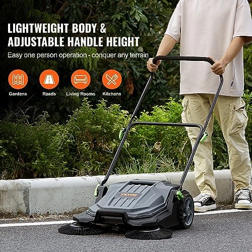 VEVOR Walk-Behind Hand Push Floor Sweeper, 25.6" Sweeping Width Floor Sweeper Manual Non-Electric, 5-Gallon Waste Container, Angle & Height Adjustable Folding Handle for Walkway, Yard, Garage, Patio