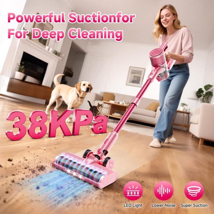 Cordless Vacuum Cleaner,55Mins/Powerful Vacuum Cleaners for Home,Stick Vacuums with 8 in 1,Touch Screen,LED Headlights, Anti-Tangle,Rechargeable,Lightweight for Carpet,Hard Floor, Pet Hair,Pink