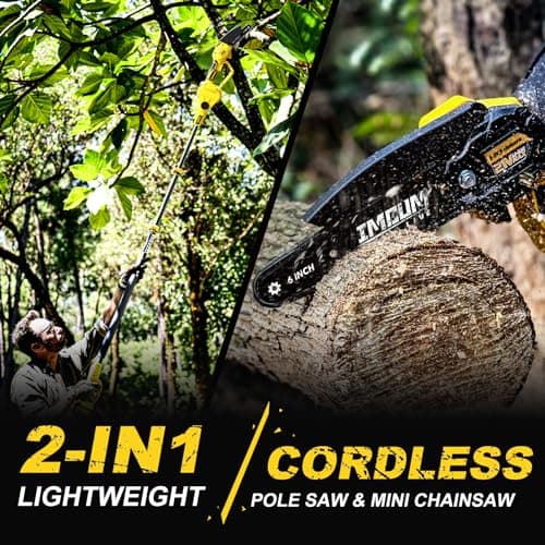 IMOUMLIVE 2-IN-1 Cordless Pole Saw & Mini Chainsaw, 21V 3.0Ah Battery Powered 6 Inch Electric Pole Chainsaw, 6.6 LB Lightweight, 14.8-Foot MAX Reach Pole Saw for Tree Trimming