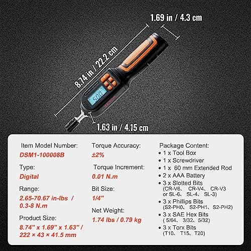 VEVOR Digital Torque Screwdriver, 1/4" Drive Screwdriver Torque Wrench, Electrician Torque Screwdriver with LCD, 2.65-70.67 in-lbs Torque Range, 0.01 N.m Increment Torque Screwdriver with Bits & Case
