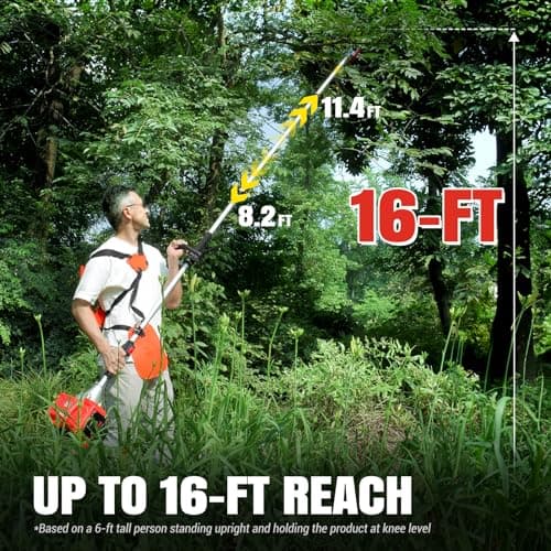 Gas Powered Pole Saw, 16-FT Height Reachable Cordless Extension Chainsaw for Tree Trimming with 3.6ft Extension Pole Reach to 16 feet for Tree Limb Branches Pruning, Classical Saw Head