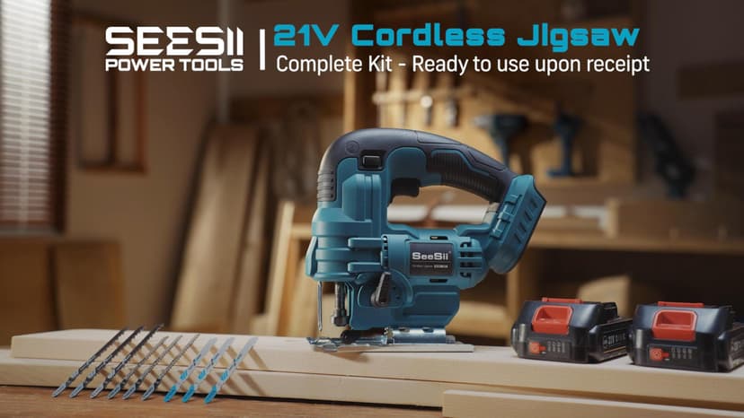 SEESII Cordless Jig Saw 21V, Electric Jigsaw Tool with 2× 2.0Ah Batteries, 2800RPM Variable Speed for Wood Cutting, 0°-45° Bevel Cuts, LED Light, 4 Orbital Settings for Straight/Curve/Circle Cutting