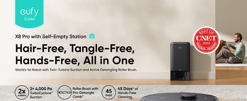 eufy X8 Pro Robot Vacuum Self-Empty Station, Twin-Turbine 2X 4,000 Pa Suction, 45 Days Hands-Free Cleaning iPath Laser, Pet Hair Deep Clean on Carpet, Smart Cleaner for Home with Pets