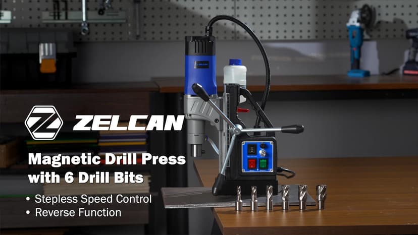 ZELCAN Mag Drill Press with 6 Drill Bits, 1550W Portable Magnetic Press with 2" Boring Diameter, 0-580 rpm Stepless Speed & Reversible Direction, 2922 lbf Power Magnetic