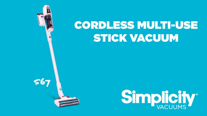 Simplicity Vacuums Stick Vacuum Cordless Rechargeable S67, Lightweight Household Vacuum Cleaners for Pet Hair with 3 Speeds, Multi-Surface Use, HEPA Filter Media, 35 Min Runtime, LED Light, Wall Mount