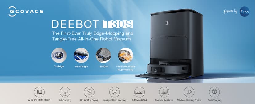 ECOVACS DEEBOT T30S Robot Vacuum and Mop, 11000Pa, ZeroTangle Technology, TruEdge Adaptive Edge Mopping, Hot Water Mop Washing, Self-Emptying, Self Refilling, Auto-Mop Lifting, Obstacle Avoidance