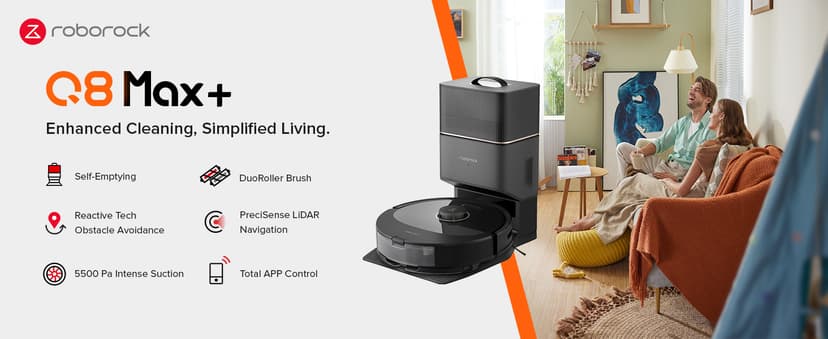 roborock Q8 Max+ Robot Vacuum and Mop, Self-Emptying, Hands-Free Cleaning for up to 7 Weeks, Reactive Tech Obstacle Avoidance, 5500 Pa Suction, DuoRoller Brush, APP-Controlled Mopping, White