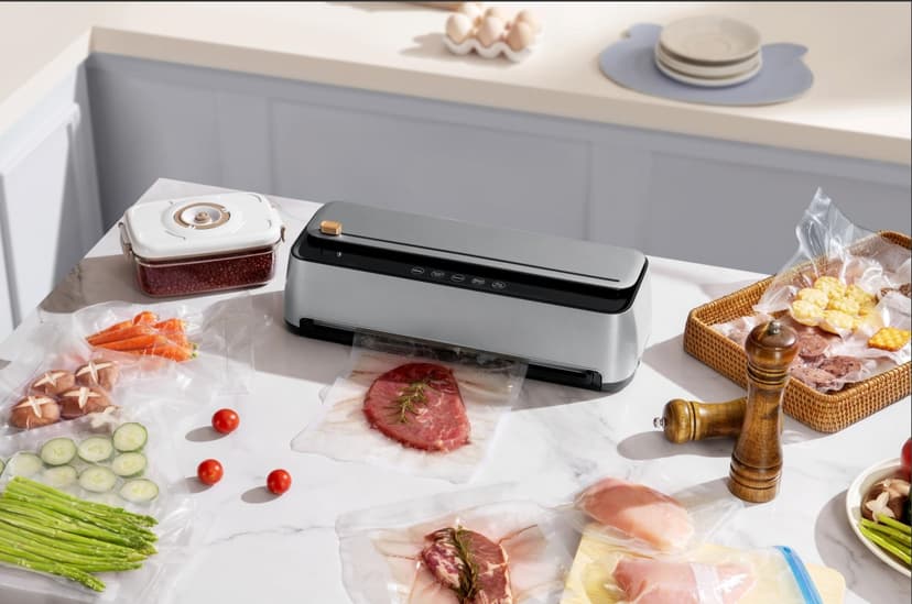 85Kpa Vacuum Sealer Machine for Food, 8-IN-1 Fully Automatic Food Sealer with Built-in Cutter & Bag Storage, Dry/Moist/EXT-VAC Modes, LED Touch Control, Includes 12 Vacuum Bags & 1 Roll Bag