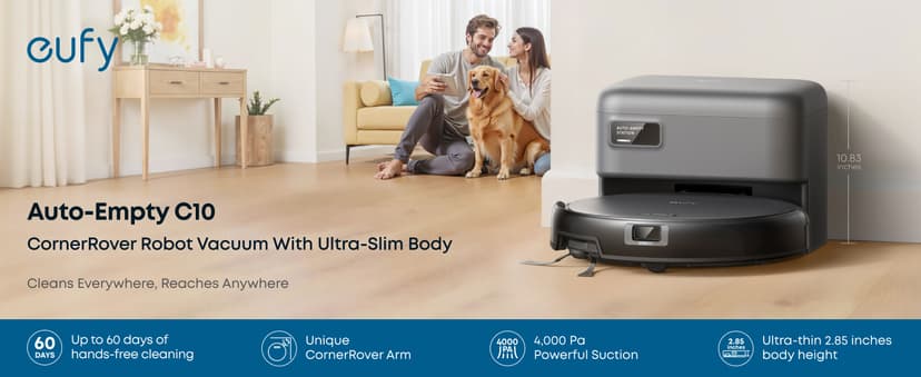 eufy Robot Vacuum C10 with Self Emptying Station, Up to 60 Days Hands Free Cleaning, Edge Expansion Brush, 4000Pa Powerful Suction, 2.85-Inch Ultra-Slim Body, Smart Mapping, Lidar Navigation