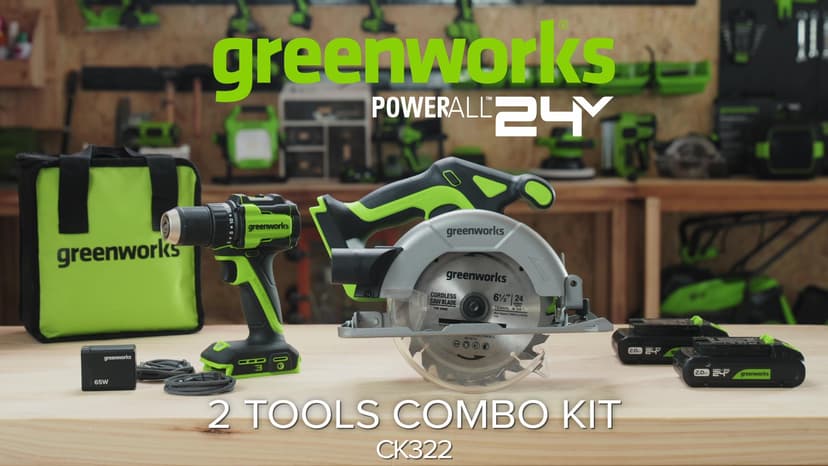 Greenworks 24V Cordless Brushless 400 in-lbs Drill/Driver + 6.5" Circular Saw, 4,800 RPM, Cutting Depth 45°/90° (2) 2.0Ah USB-C Batteries(12,000mAh Power Bank) and 65W USB-C Fast Charger(3-Port)