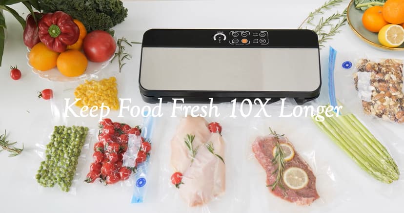 Vacuum Sealer Machine, Food Sealer Machine 80KPA Automatic 8-IN-1 for Food Saving Dry/Moist Mode with Build-in Cutter&Storage, Digital Countdown, Air Suction Hose, 2 Roll-Bags, 11 Vacuum Bags