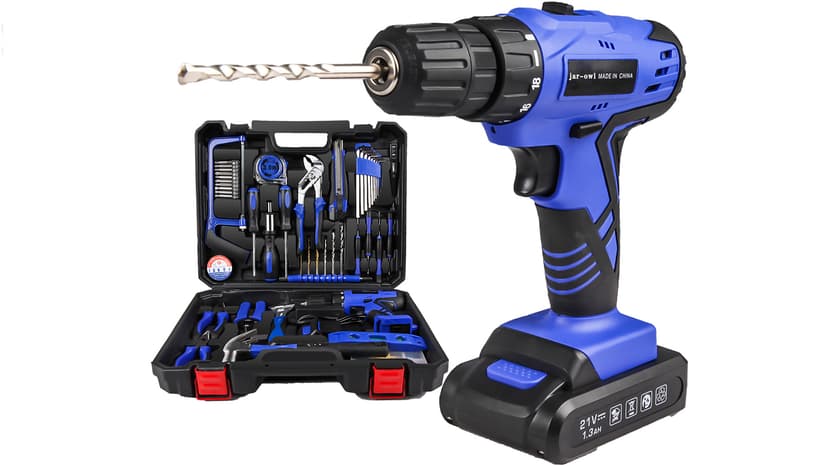 jar-owl 21V Tool Set with Drill, 350 in-lb Torque, 0-1350RMP Variable Speed, 10MM 3/8'' Keyless Chuck, 18+1 Clutch, 1.5Ah Li-Ion Battery & Charger for Home Tool Kit