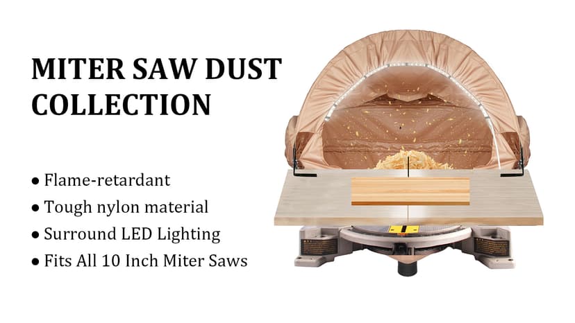 GARVIN Miter Saw Dust Collection Hood with Light, Dust Solution for Table Miter Saw, Chop Saw Hood Dust Collector Attachment, Accessory Holes, with Storage Bag, Fits All Miter Saws Khaki
