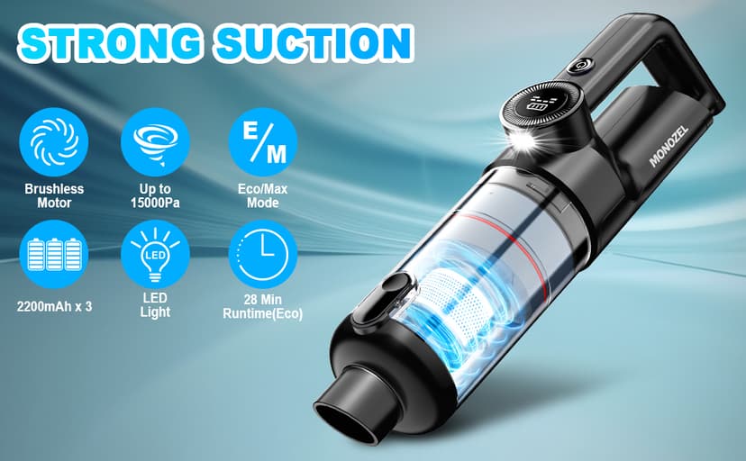 Handheld Vacuum Cordless - Car Vacuum Cleaner with Brushless Motor, 15000Pa Strong Suction with LED Light, Type C Cable and Charger, 2 Fliters, Portable Hand Vacuum for Home, Pet and Car