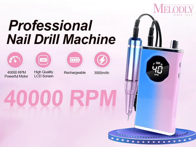 Electric Nail Drill File Professional 40000 RPM, Melodly Rechargeable Electric Nail File Machine Kit for Acrylic Gel Nails Polishing Removing, Portable Cordless Efile with Gold Bits Kit at Salon Home