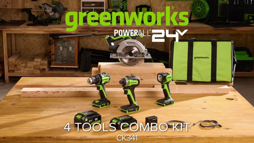 Greenworks 24V Cordless Brushless 4PCs Combo, 400 in-lbs Drill/Driver+1950 in-lbs Impact Driver +6.5" Circular Saw +200LM Flashlight, 2.0Ah+4.0Ah Batteries (24,000mAh Power Bank) 65W USB-C Charger