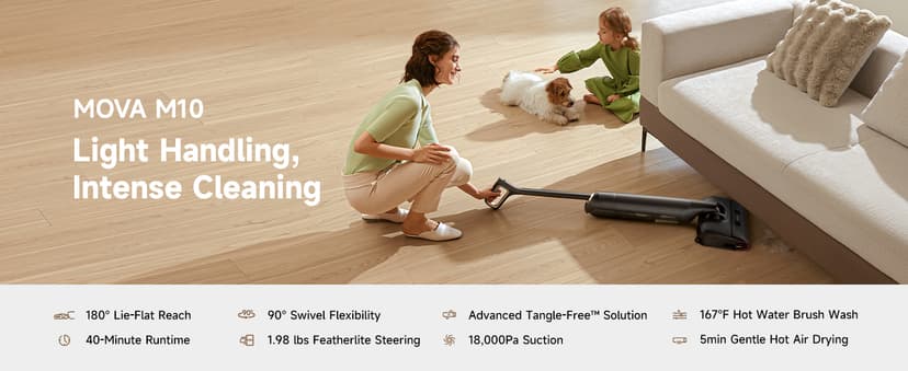 MOVA M10 Cordless Wet Dry Vacuum Cleaner 180° Lie-Flat Smart Vacuum Mop All in One for Hard Floor, 167°F Flashdry Self-Cleaning, Zero inch Dual-Edge Cleaning, 18000Pa Suction, Zero-Tangle for Pet Hair