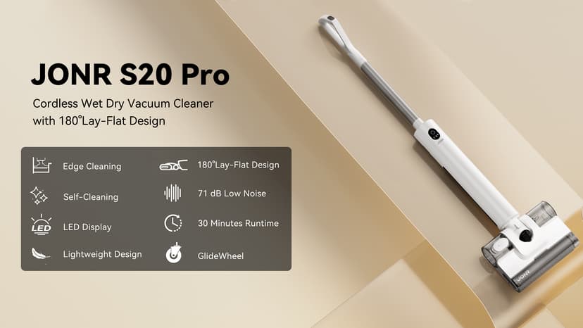 JONR S20 Pro Cordless Wet Dry Vacuum Cleaner, 180°Lay-Flat Design, Lightweight Vacuum Mop with Self-Cleaning, Self-Drying and Edge Cleaning, Floor Cleaner for Tiles and Hard Floors