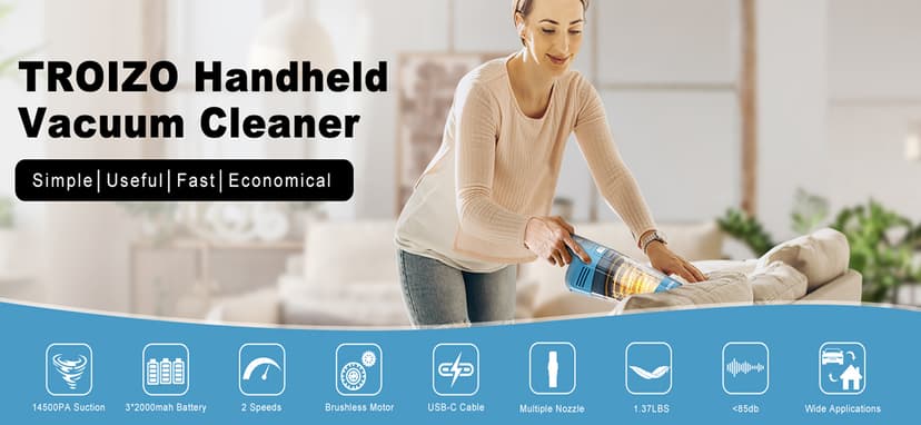 Handheld Vacuum Cordless, 14500PA Powerful Suction Hand Held Vacuum Cleaner with Brushless Motor, Rechargeable and Portable Car Vacuum for Home Office Car Pet