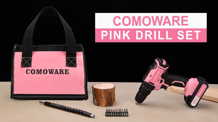 COMOWARE Cordless Drill Set, 20V Pink Power Drill Set for Women, 1 Battery & Charger, 3/8" Keyless Chuck, 2 Variable Speed, 266 In-lb Torque, 25+1 Position, with Pink Storage Bag